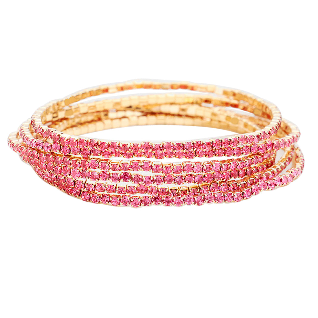 Stunning Set of 6 Petite Crystal Rhinestone Stretch Bracelets, 6.5" (Light Pink Crystal Gold Tone)