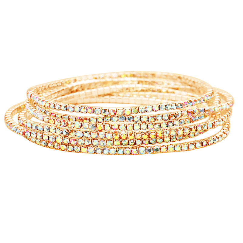 Stunning Set of 6 Petite Crystal Rhinestone Stretch Bracelets, 6.5" (AB Crystal Gold Tone)