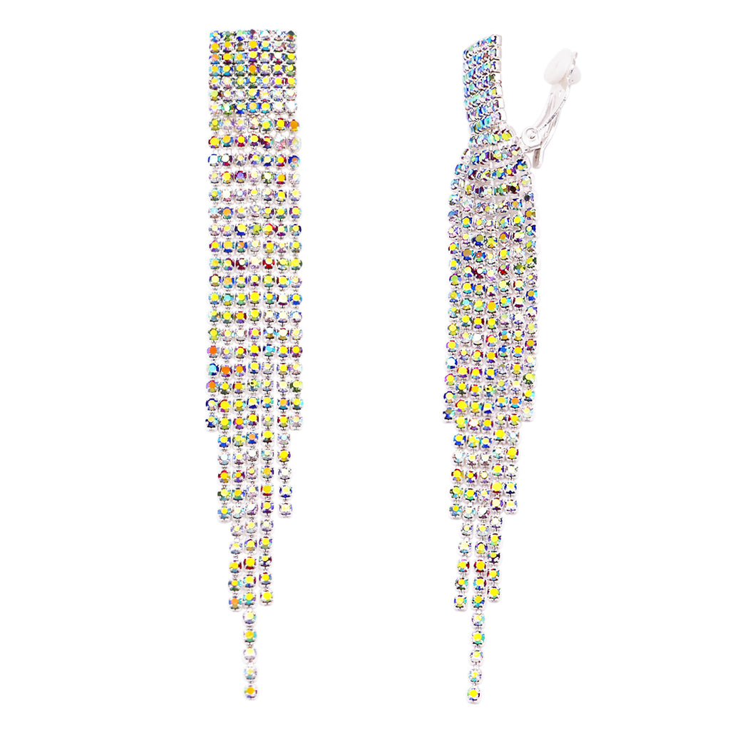 Stunning Crystal Fringe Shoulder Duster Clip On Earrings, 4.5" (Multicolored Crystal Silver Tone)