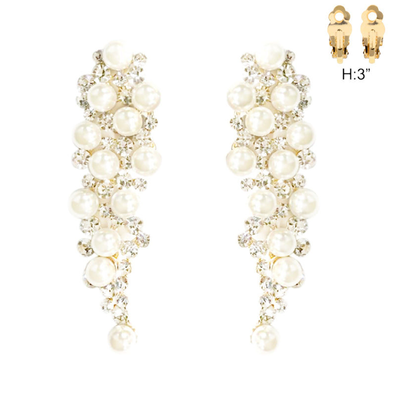 Stunning Simulated Pearl And Crystal Waterfall Style Bridal Clip On Earrings, 3.5"