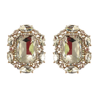 Stunning Statement Emerald Cut Crystal Clip On Style Earrings, 1.25" (Clear Crystal Gold Tone)