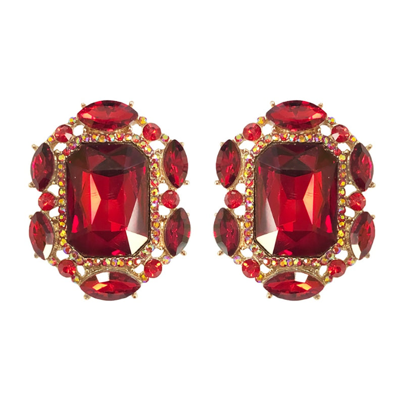 Stunning Statement Emerald Cut Crystal Clip On Style Earrings, 1.25" (Red Gold Tone)