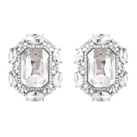 Stunning Statement Emerald Cut Crystal Clip On Style Earrings, 1.25" (Clear Crystal Silver Tone)
