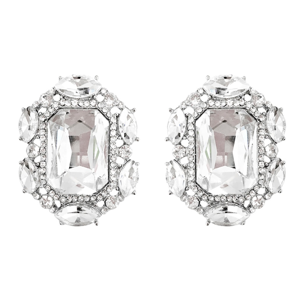 Stunning Statement Emerald Cut Crystal Clip On Style Earrings, 1.25" (Clear Crystal Silver Tone)