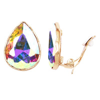 Large Statement Sparkling Glass Crystal Teardrop Clip On Earrings, 1.13" (AB Crystal Gold Tone)