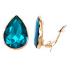 Statement Teardrop Crystal Clip On Earrings (Peacock Blue/Gold Tone)