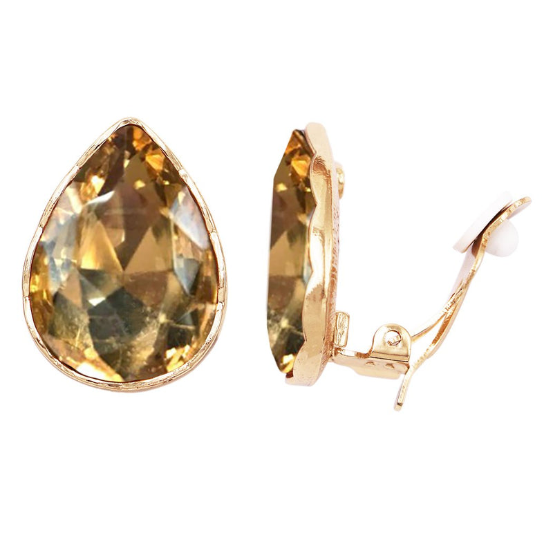 Large Statement Sparkling Glass Crystal Teardrop Clip On Earrings, 1.13" (Topaz Yellow Gold Tone)