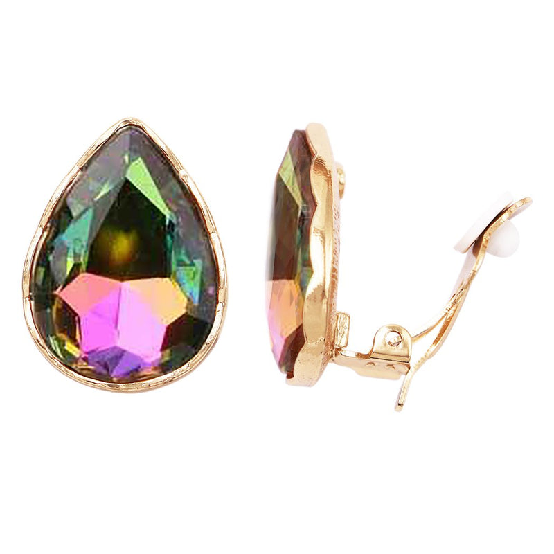 Large Statement Sparkling Glass Crystal Teardrop Clip On Earrings, 1.13"  (Rainbow Vitrail Gold Tone)
