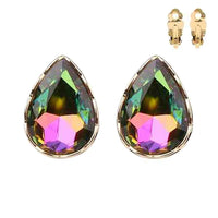 Large Statement Sparkling Glass Crystal Teardrop Clip On Earrings, 1.13"  (Rainbow Vitrail Gold Tone)