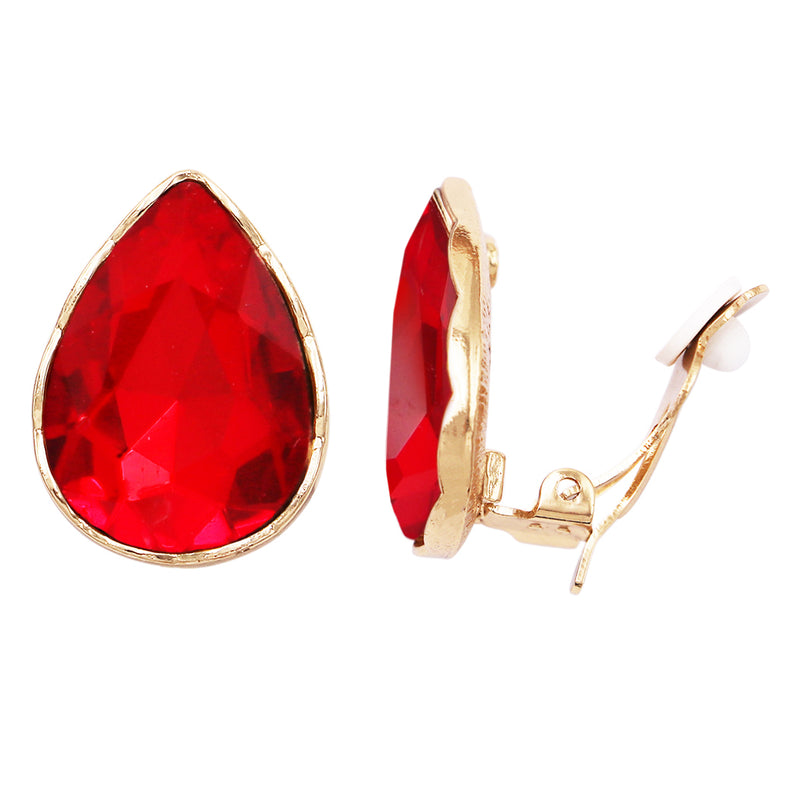 Large Statement Sparkling Glass Crystal Teardrop Clip On Earrings, 1.13" (Red Crystal Gold Tone)