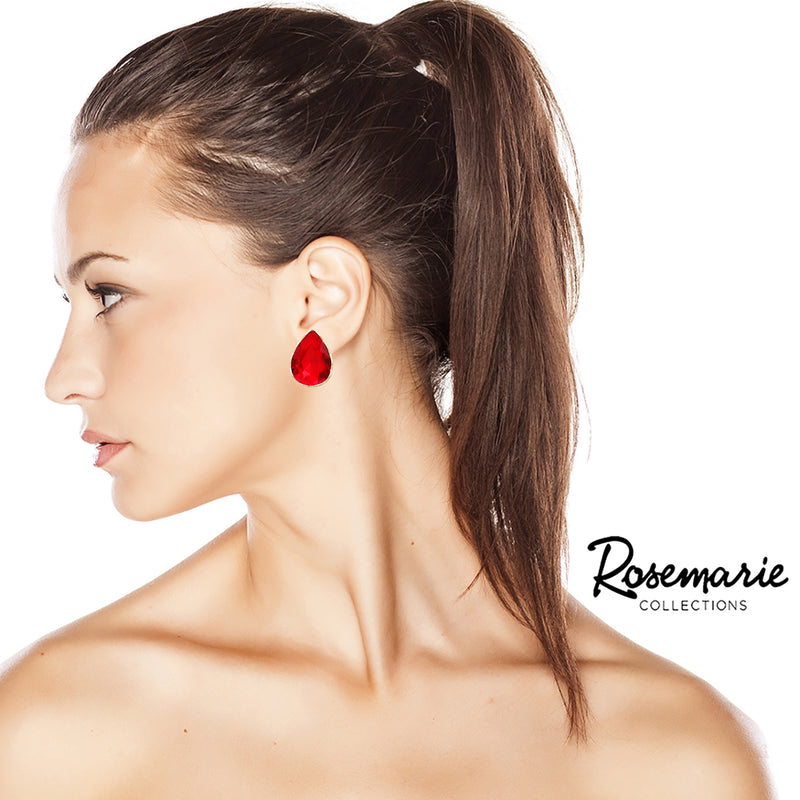 Large Statement Sparkling Glass Crystal Teardrop Clip On Earrings, 1.13" (Red Crystal Gold Tone)