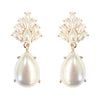 Statement Flower Petal Marquis Leaf Large Glass Crystal Teardrop Clip on Earrings, 2" (Pearl Gold Tone)