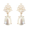 Statement Flower Petal Marquis Leaf Large Glass Crystal Teardrop Clip on Earrings, 2" (Pearl Gold Tone)