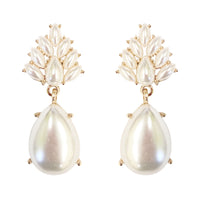 Statement Flower Petal Marquis Leaf Large Glass Crystal Teardrop Clip on Earrings, 2" (Pearl Gold Tone)