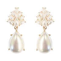 Statement Flower Petal Marquis Leaf Large Glass Crystal Teardrop Clip on Earrings, 2" (Pearl Gold Tone)