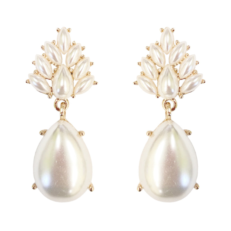 Statement Flower Petal Marquis Leaf Large Glass Crystal Teardrop Clip on Earrings, 2" (Pearl Gold Tone)