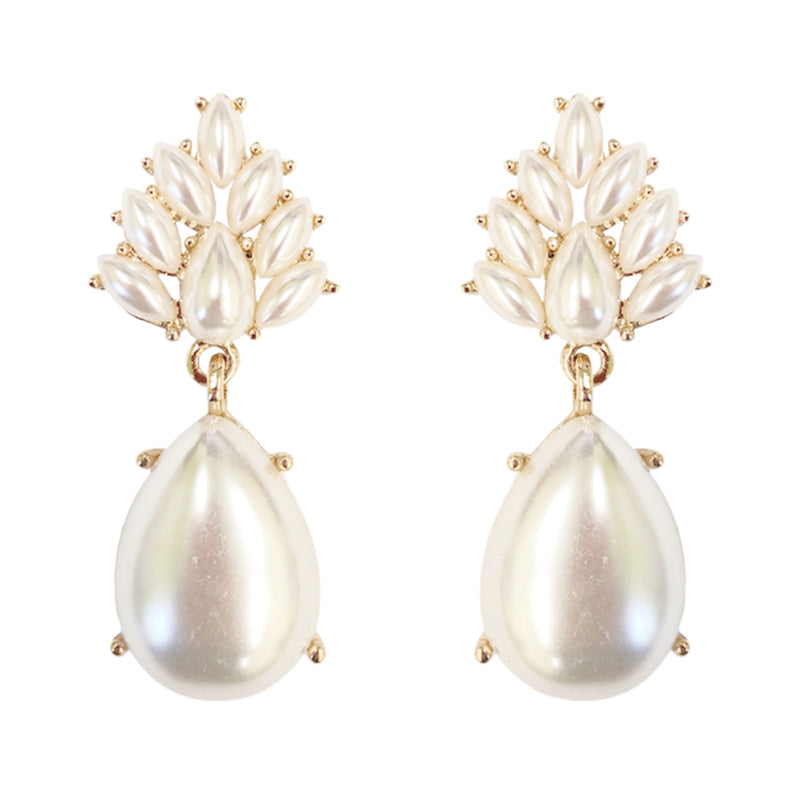 Statement Flower Petal Marquis Leaf Large Glass Crystal Teardrop Clip on Earrings, 2" (Pearl Gold Tone)