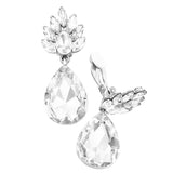 Statement Flower Petal Marquis Leaf Large Glass Crystal Teardrop Clip on Earrings (Clear/Silver Tone)