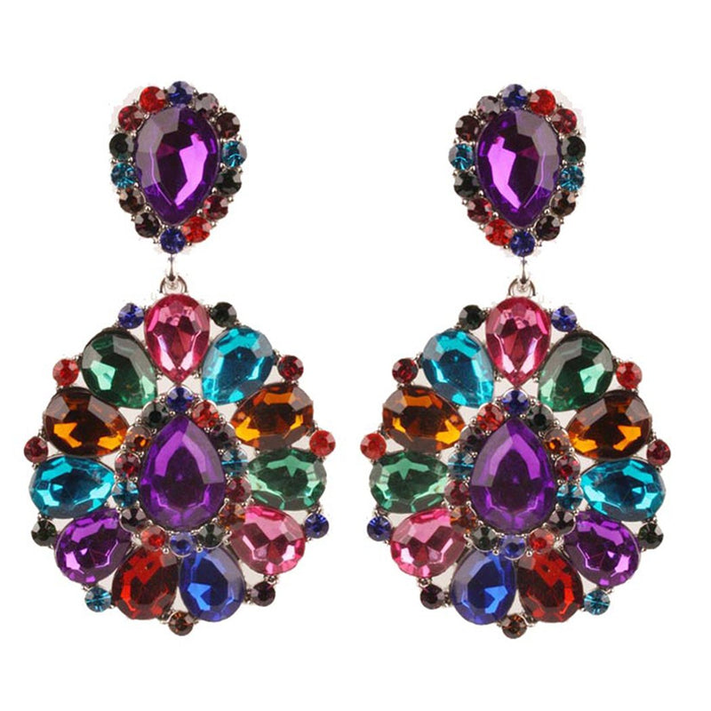 Dramatic Mardi Gras Crystal Kaleidoscope Long Shoulder Duster Clip On Style Earrings, 3.5"