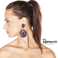 Dramatic Mardi Gras Crystal Kaleidoscope Long Shoulder Duster Clip On Style Earrings, 3.5"