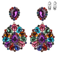 Dramatic Mardi Gras Crystal Kaleidoscope Long Shoulder Duster Clip On Style Earrings, 3.5"