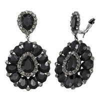 Dramatic Mardi Gras Crystal Long Shoulder Duster Clip On Style Earrings, 3.5" (Black Crystal Hematite Tone Setting)