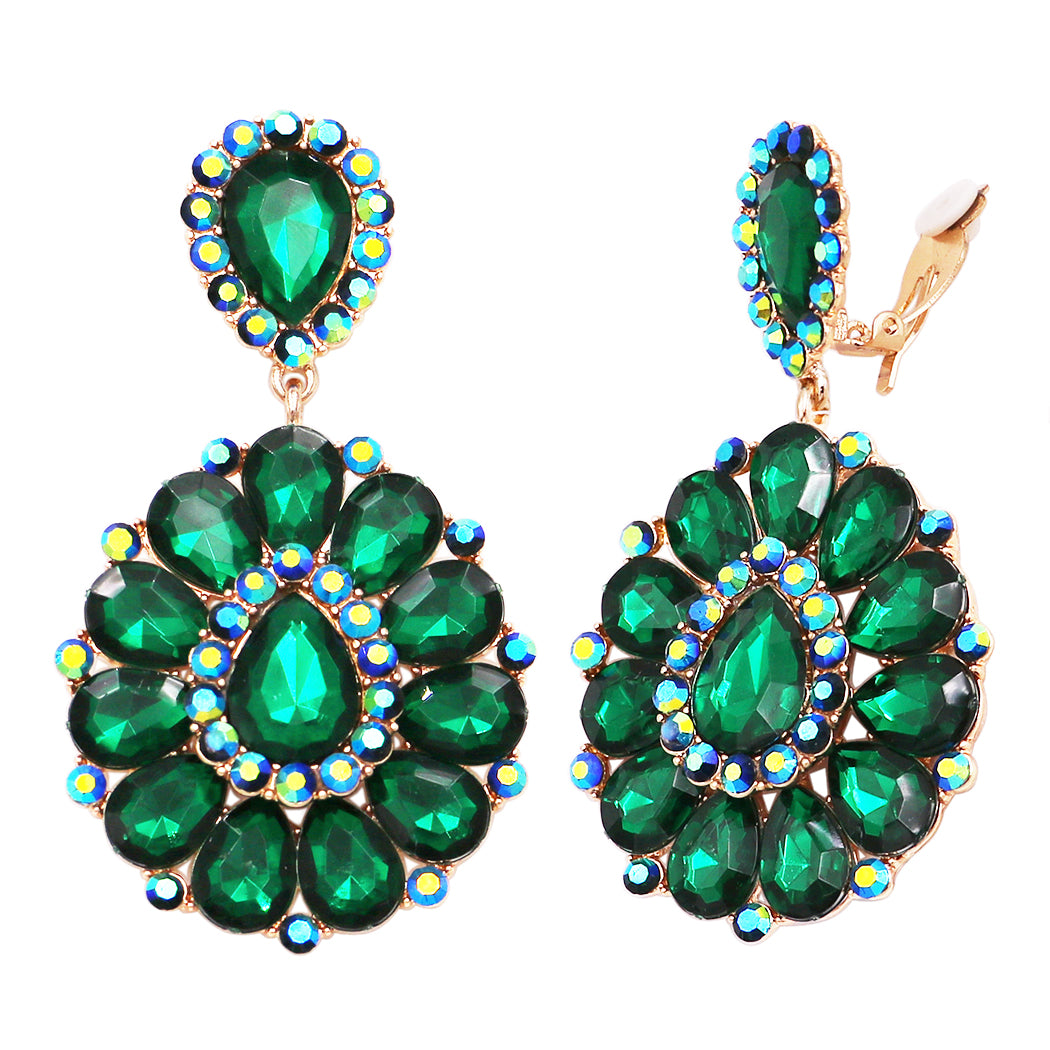 Dramatic Crystal Long Shoulder Duster Clip On Style Earrings, 3.5" (Emerald Green Crystal Gold Tone Setting)
