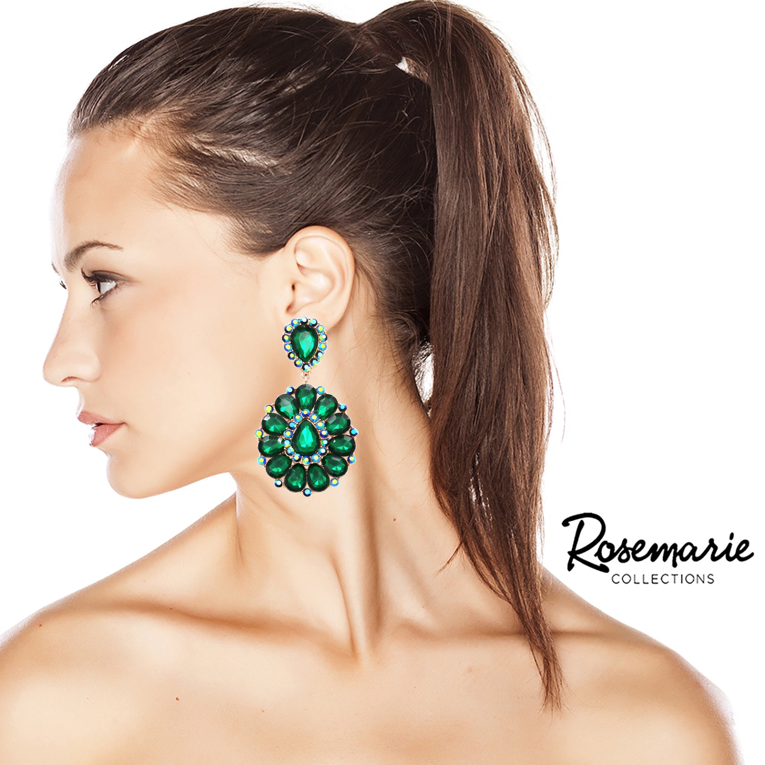 Dramatic Crystal Long Shoulder Duster Clip On Style Earrings, 3.5" (Emerald Green Crystal Gold Tone Setting)