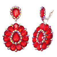 Dramatic Mardi Gras Crystal Long Shoulder Duster Clip On Style Earrings, 3.5" (Bright Red Crystal Silver Tone Setting)