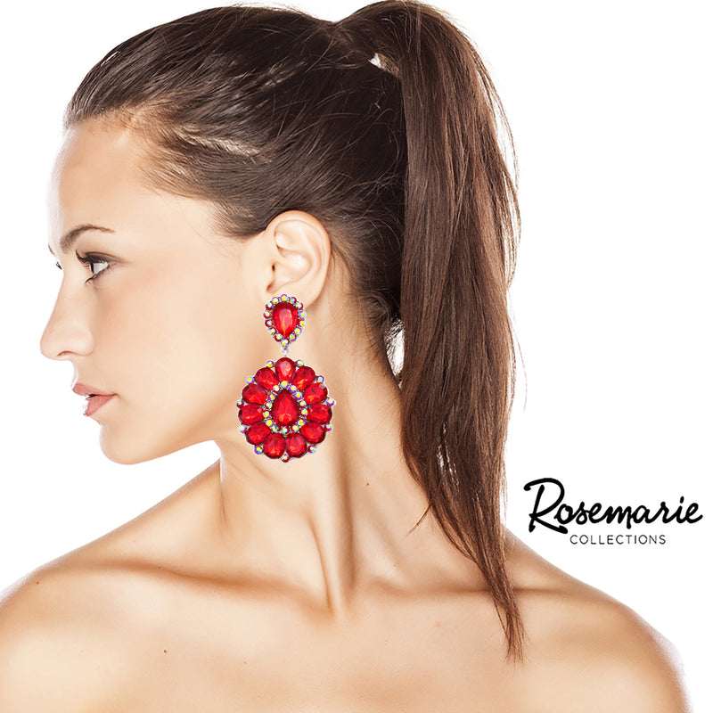 Dramatic Mardi Gras Crystal Long Shoulder Duster Clip On Style Earrings, 3.5" (Bright Red Crystal Silver Tone Setting)