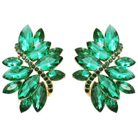 Crystal Marquis Leaf Cluster Statement Clip On Earrings (Green Emerald/Gold Tone)