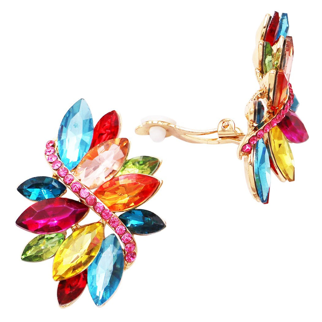 Crystal Marquis Leaf Cluster Statement Clip On Earrings (Multicolor/Gold Tone)