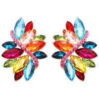 Crystal Marquis Leaf Cluster Statement Clip On Earrings (Multicolor/Gold Tone)