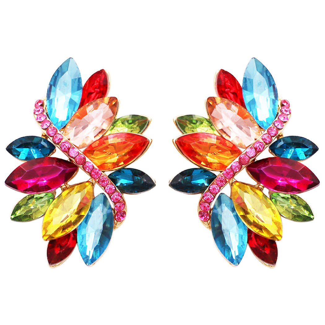 Crystal Marquis Leaf Cluster Statement Clip On Earrings (Multicolor Gold Tone)