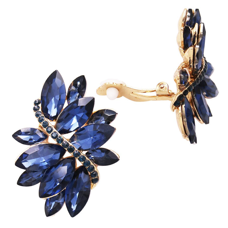 Dazzling Crystal Marquis Leaf Cluster Statement Clip On Earrings, 1.87" (Montana Blue Gold Tone)