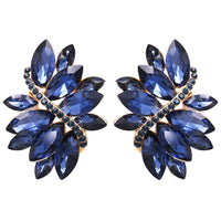 Crystal Marquis Leaf Cluster Statement Clip On Earrings (Montana Blue/Gold Tone)