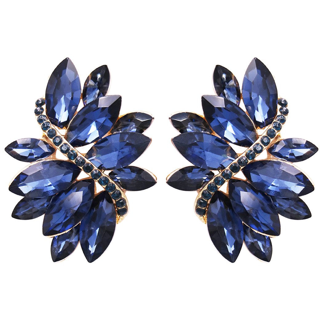 Dazzling Crystal Marquis Leaf Cluster Statement Clip On Earrings, 1.87" (Montana Blue Gold Tone)