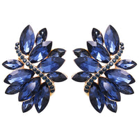 Dazzling Crystal Marquis Leaf Cluster Statement Clip On Earrings, 1.87" (Montana Blue Gold Tone)