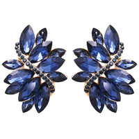 Dazzling Crystal Marquis Leaf Cluster Statement Clip On Earrings, 1.87" (Montana Blue Gold Tone)