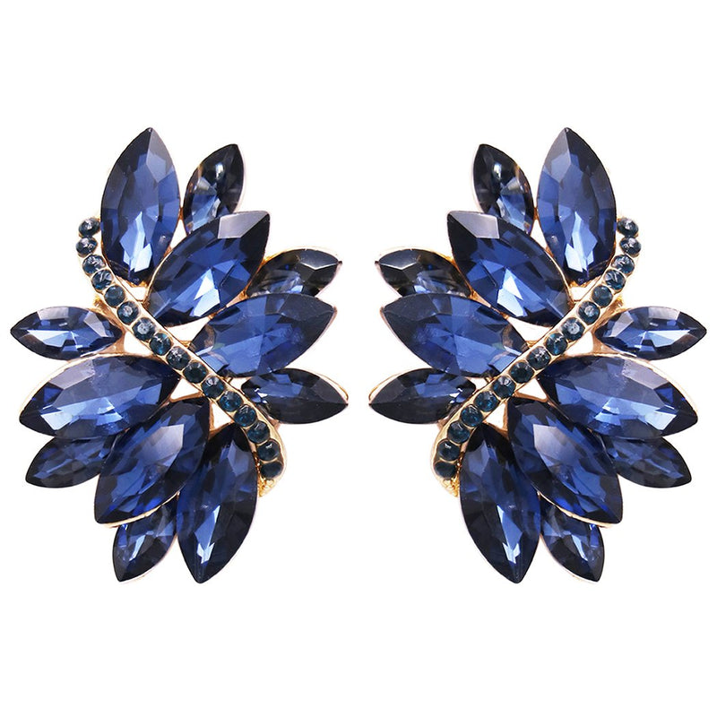Dazzling Crystal Marquis Leaf Cluster Statement Clip On Earrings, 1.87" (Montana Blue Gold Tone)