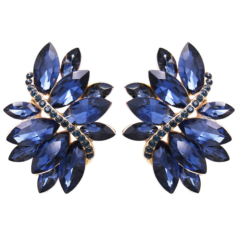 Dazzling Crystal Marquis Leaf Cluster Statement Clip On Earrings, 1.87" (Montana Blue Gold Tone)