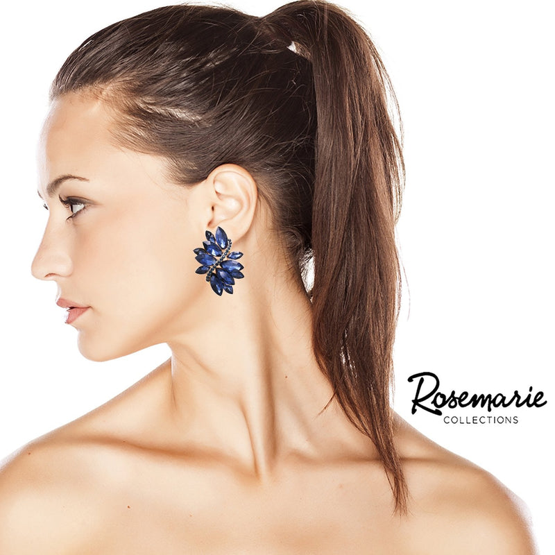 Crystal Marquis Leaf Cluster Statement Clip On Earrings (Montana Blue/Gold Tone)
