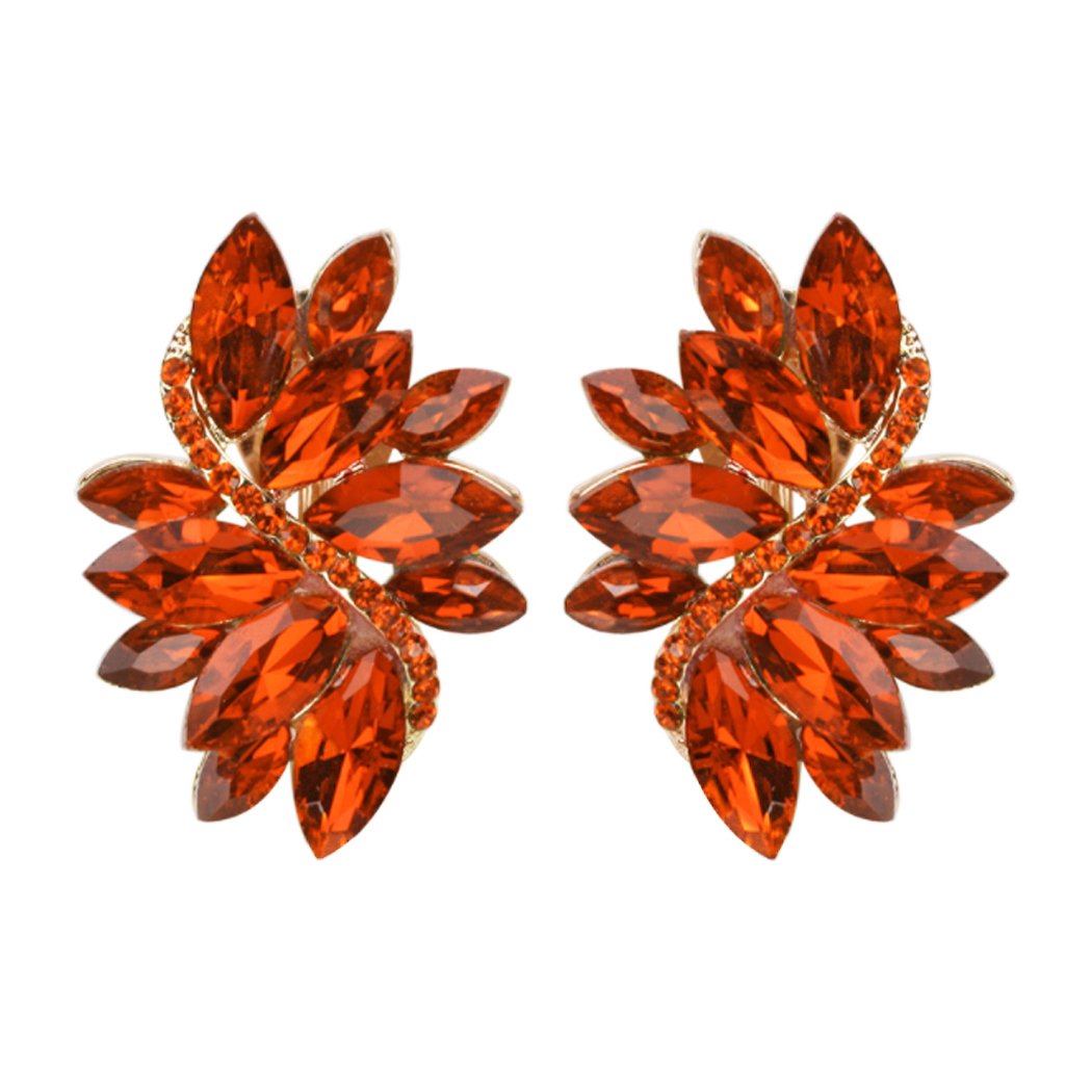 Crystal Marquis Leaf Cluster Statement Clip On Earrings, 1.87" (Orange Gold Tone