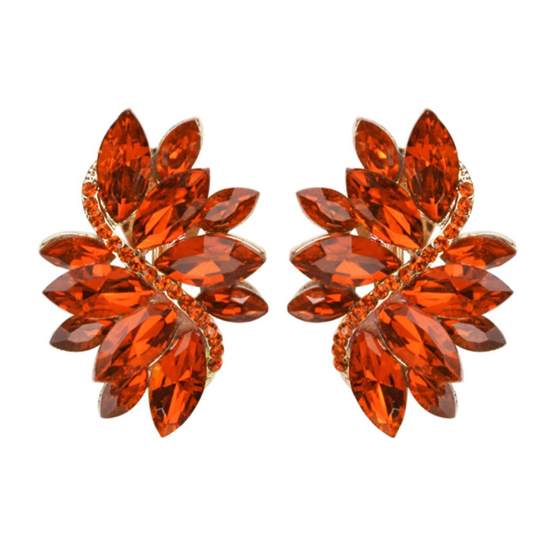 Crystal Marquis Leaf Cluster Statement Clip On Earrings, 1.87" (Orange Gold Tone