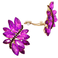 Crystal Marquis Leaf Cluster Statement Clip On Earrings (Purple/Gold Tone)