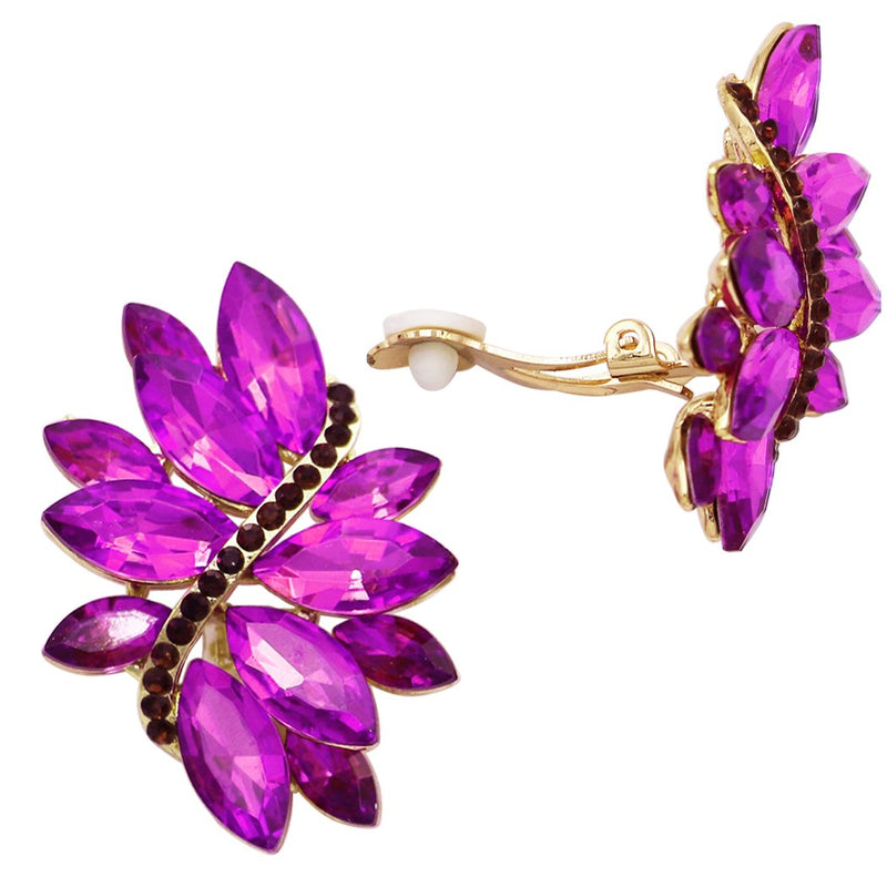 Crystal Marquis Leaf Cluster Statement Clip On Earrings (Purple/Gold Tone)