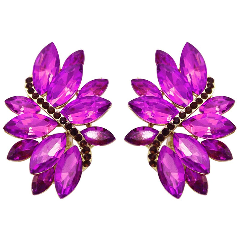 Crystal Marquis Leaf Cluster Statement Clip On Earrings (Purple/Gold Tone)