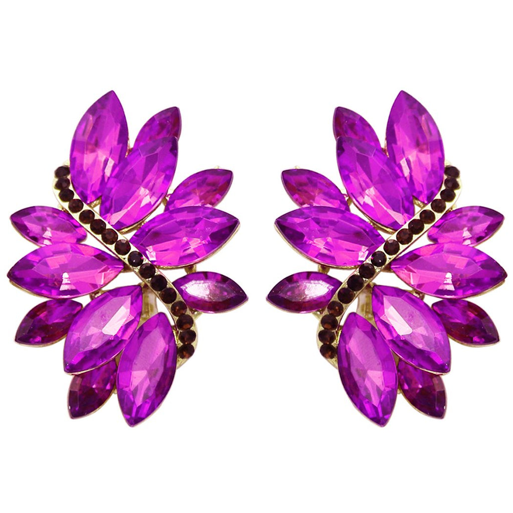 Crystal Marquis Leaf Cluster Statement Clip On Earrings (Purple/Gold Tone)
