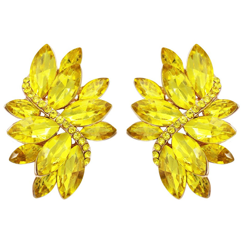 Crystal Marquis Leaf Cluster Statement Clip On Earrings (Yellow/Gold Tone)