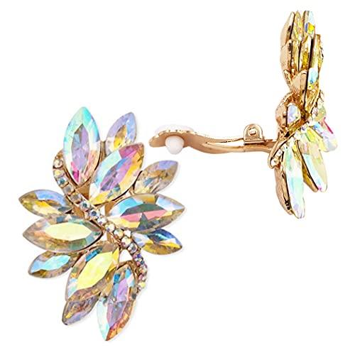 Crystal Marquis Leaf Cluster Statement Clip On Earrings, 1.87" (AB Crystal Gold Tone)